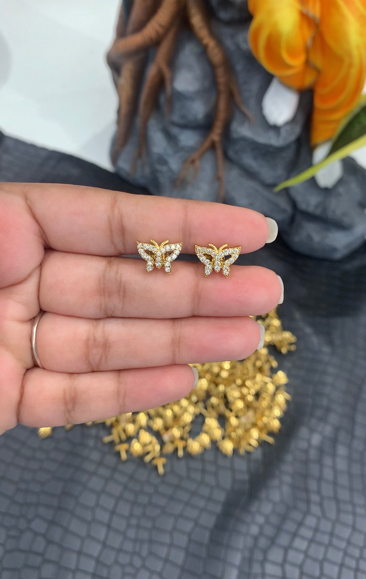 Beautiful Screwback Butterfly Studs (white stones)