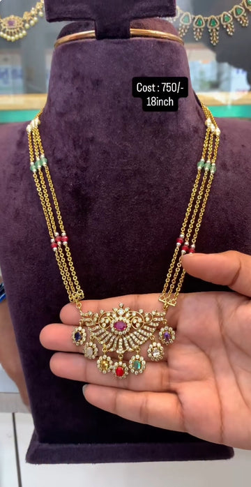 Beautiful Navarathna Stone pendent with 3line Chandraharam 18inches