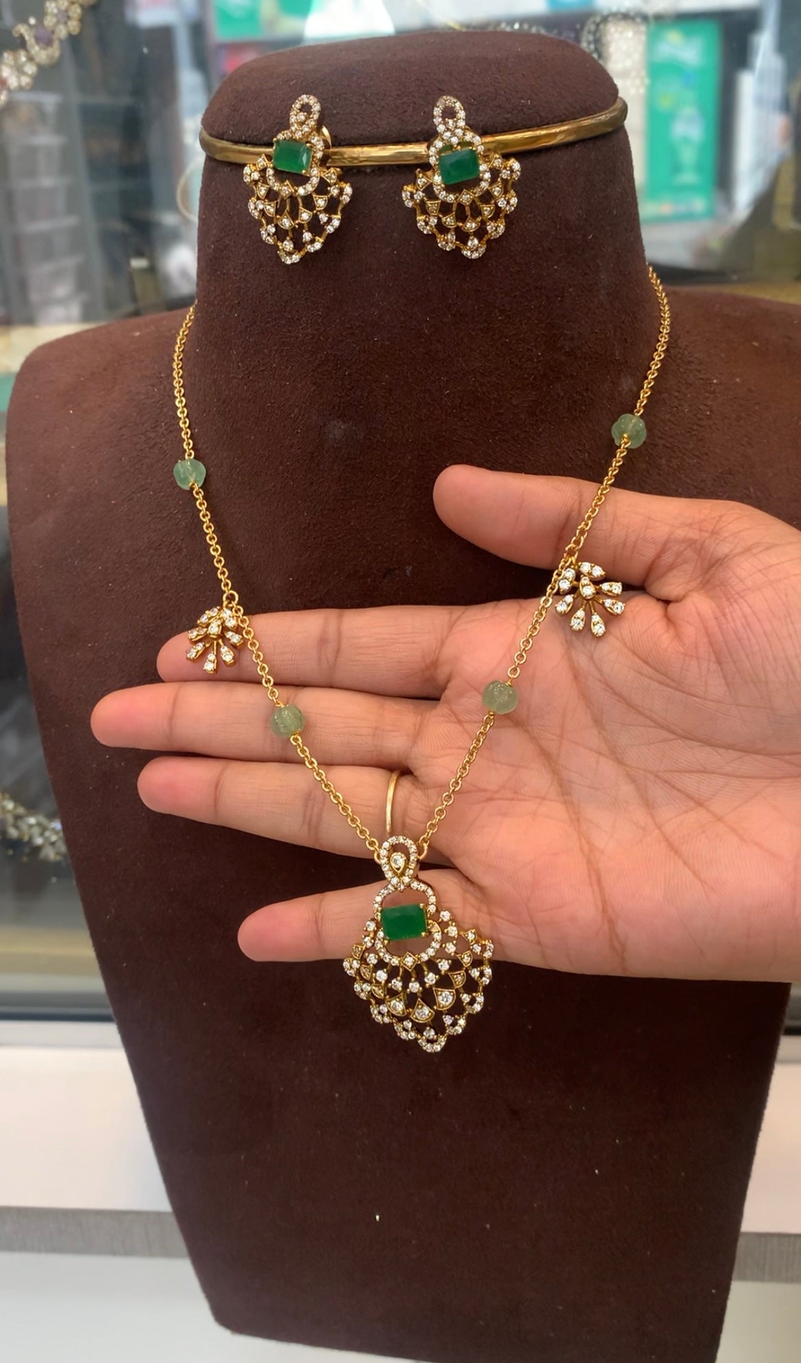 Beautiful green stone pendant set with simple chandraharam neckset