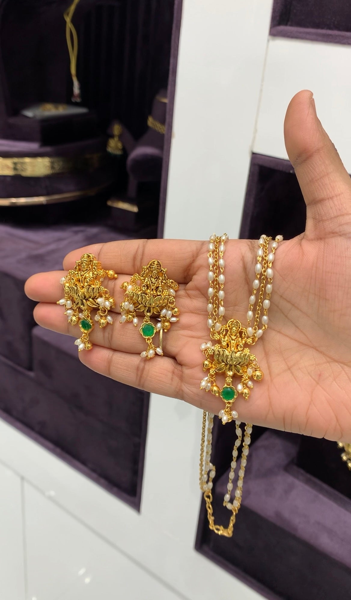 Beautiful Lakshmi devi pendant set with pearls & chandraharam chain 18 inchs long
