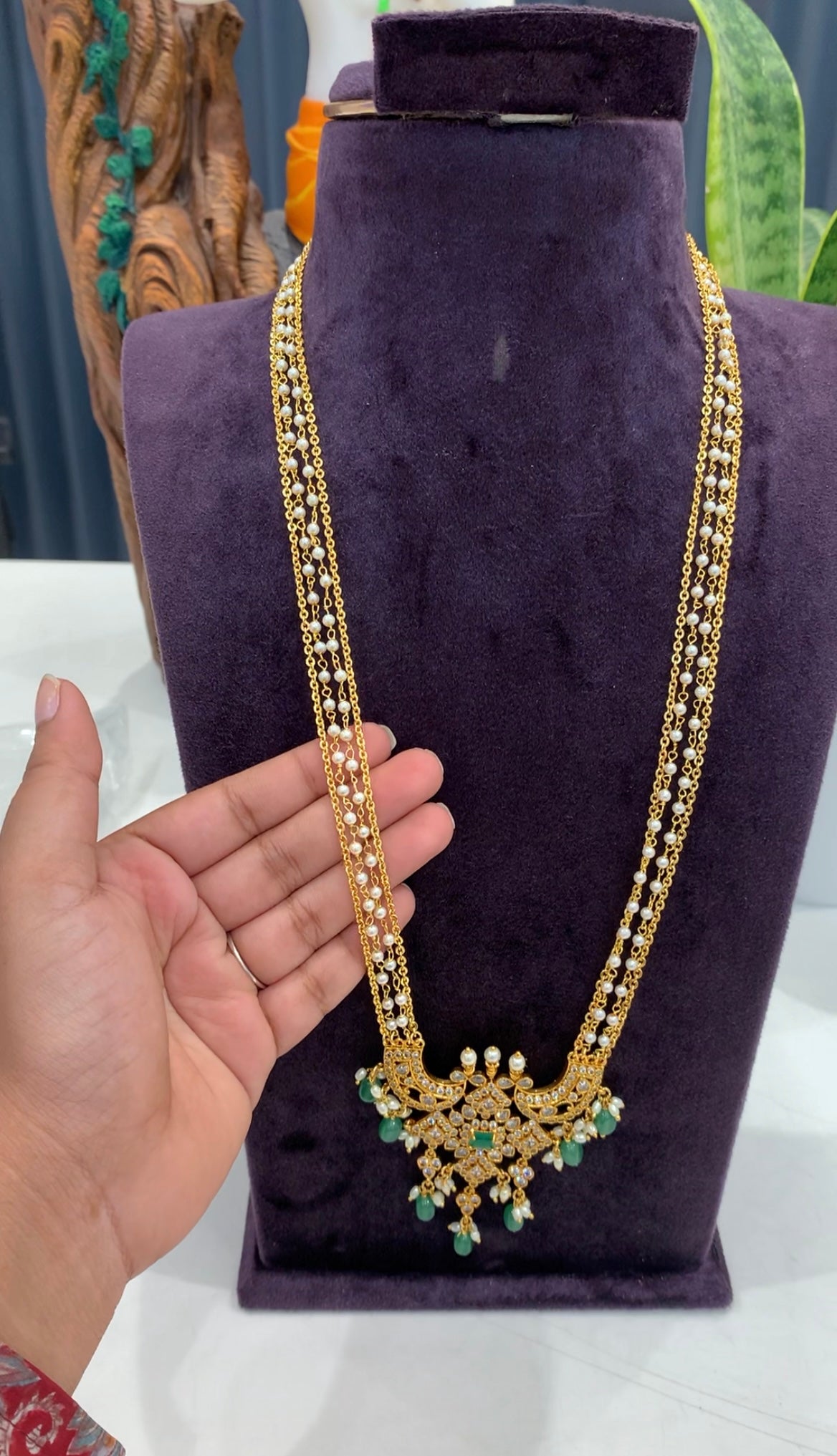 Beautiful CZ stones pendant with handmaking chandraharam & pearls chain 24 inchs long