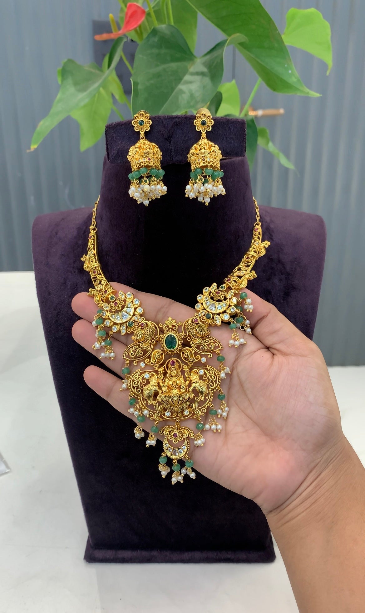 Beautiful Lakshmi devi kanti model necklace with screwback earrings
