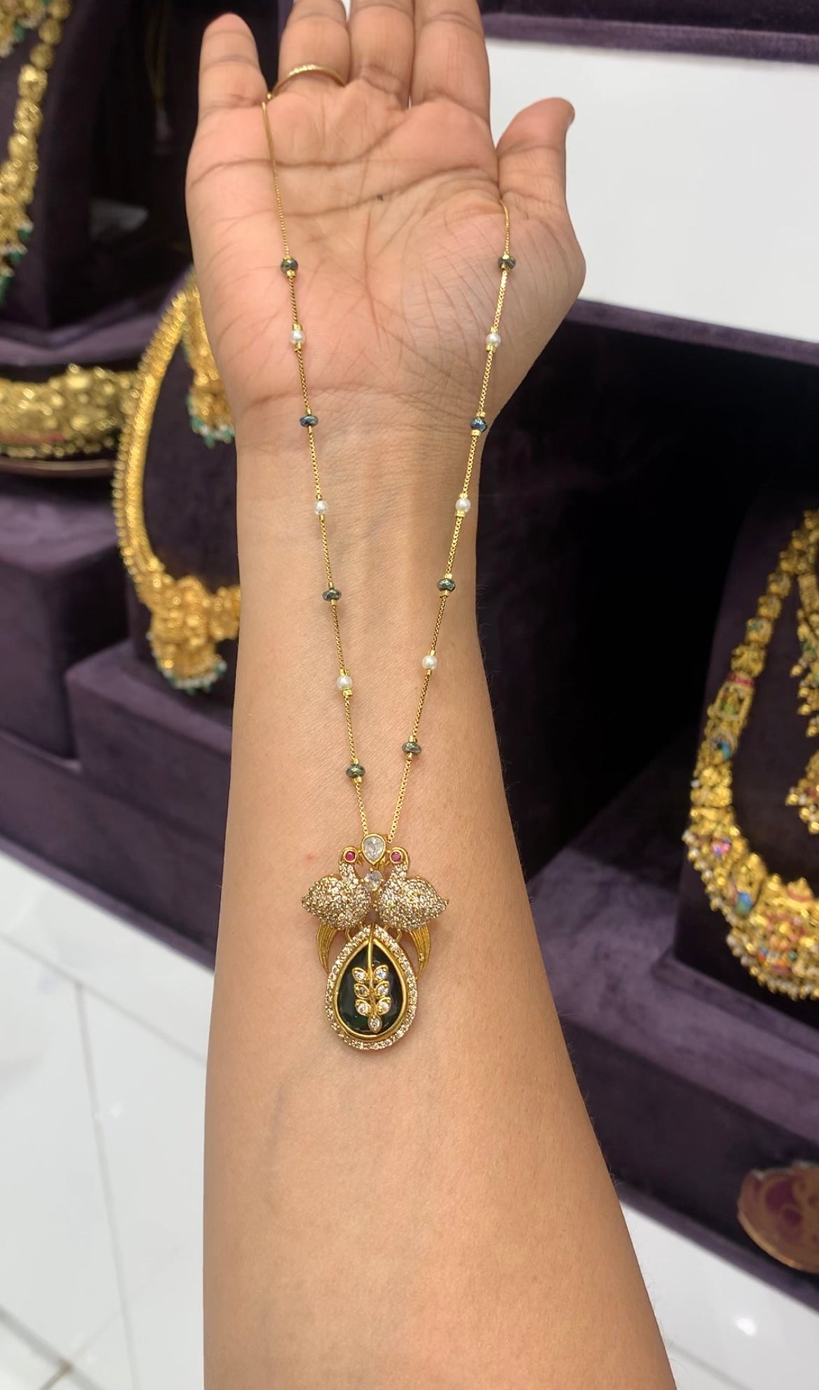 Beautiful peacock design CZ stones pendant with fancy chain 18 inchs long