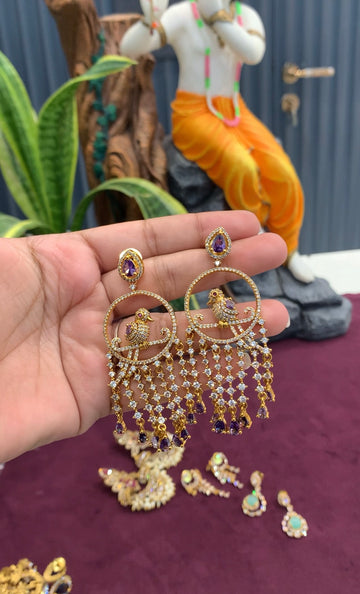 Beautiful parrot design CZ stones chandbali model pushback ear hangings