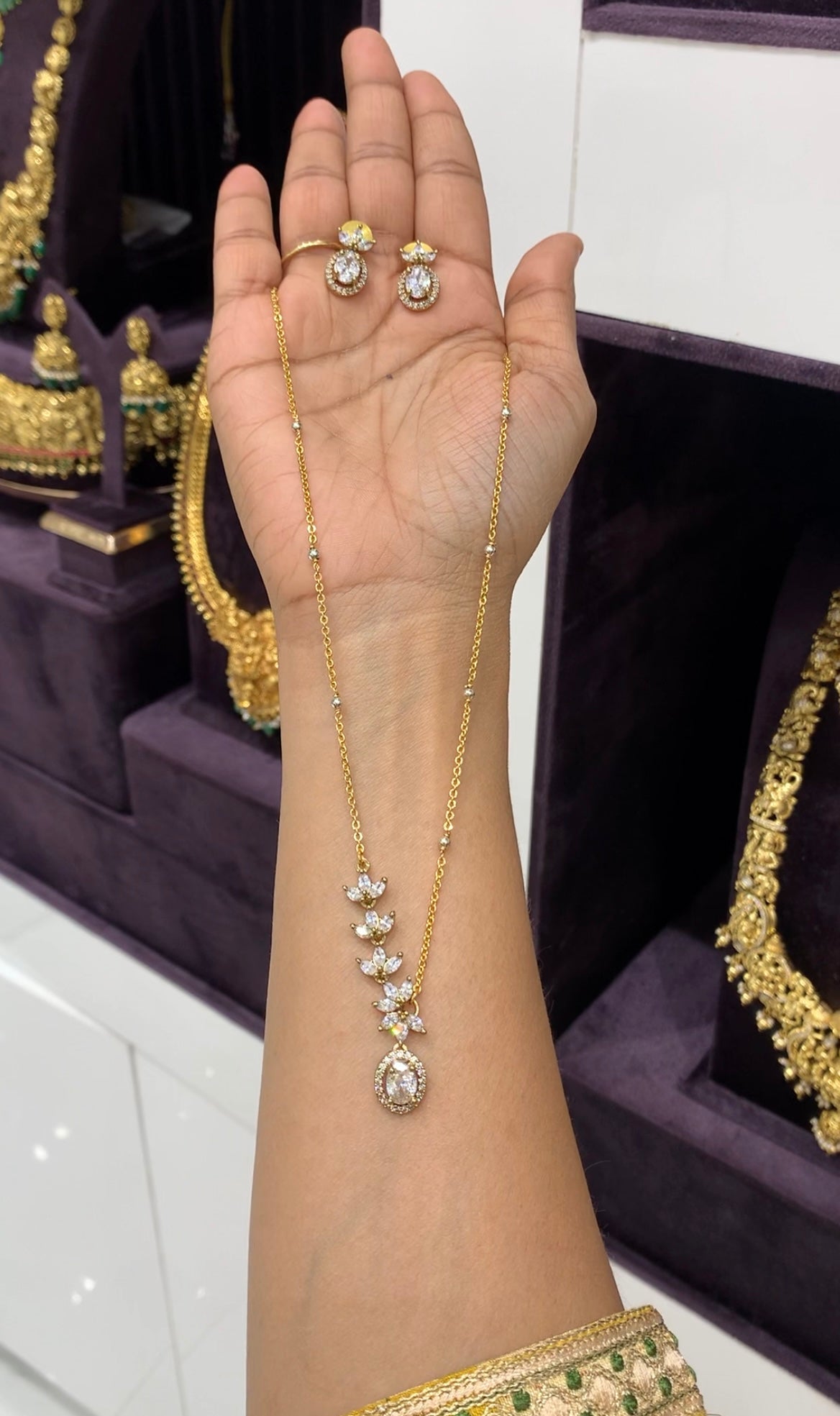 Beautiful white stone pendent set chandraharam chain 18 inchs long