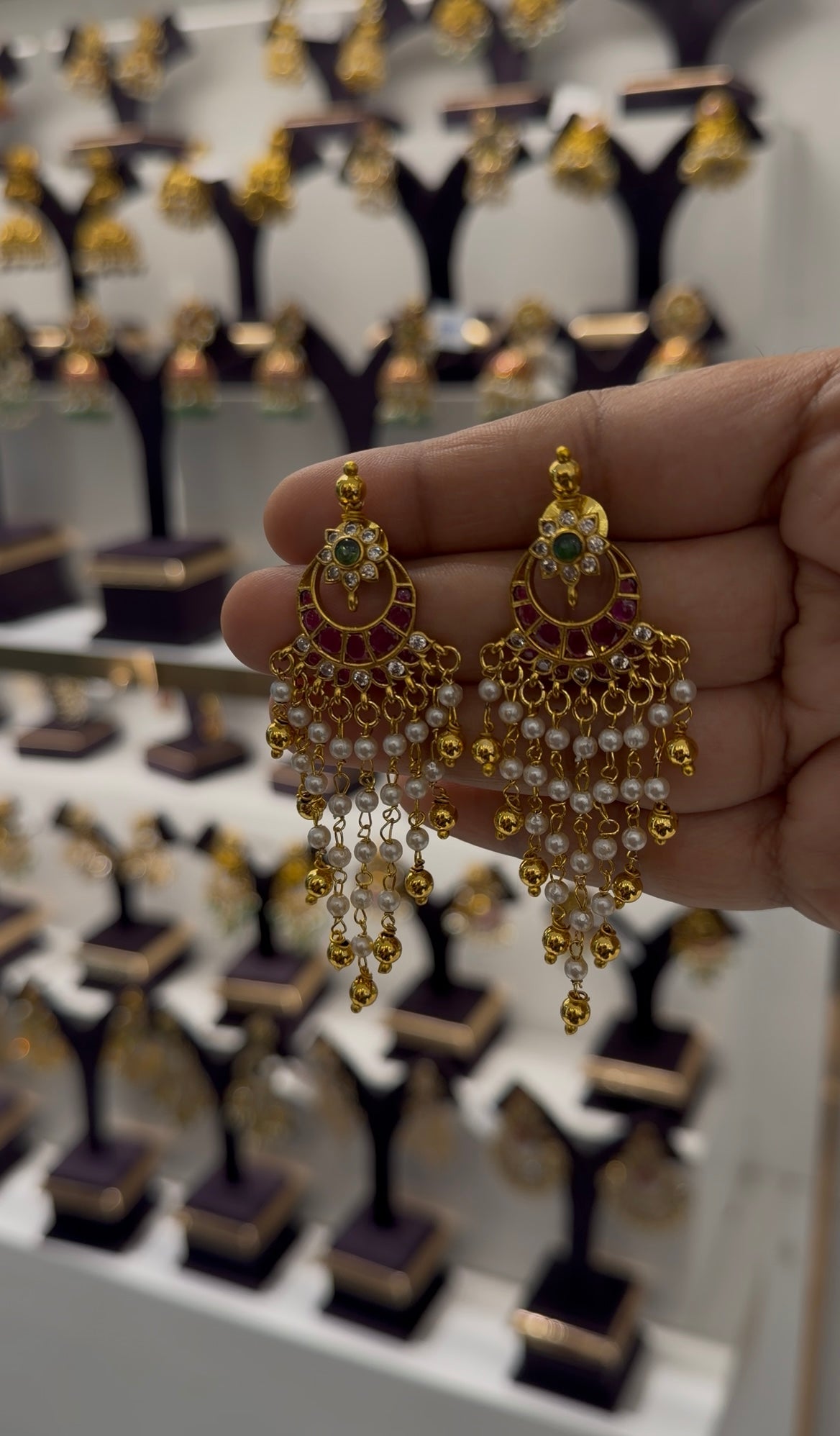 Beautiful pota stone pushback ear hangings with pearls chain