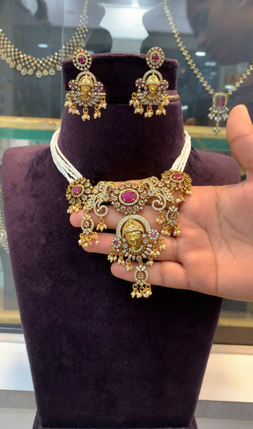 Beautiful Balaji CZ stones pendant set with white beads chocker