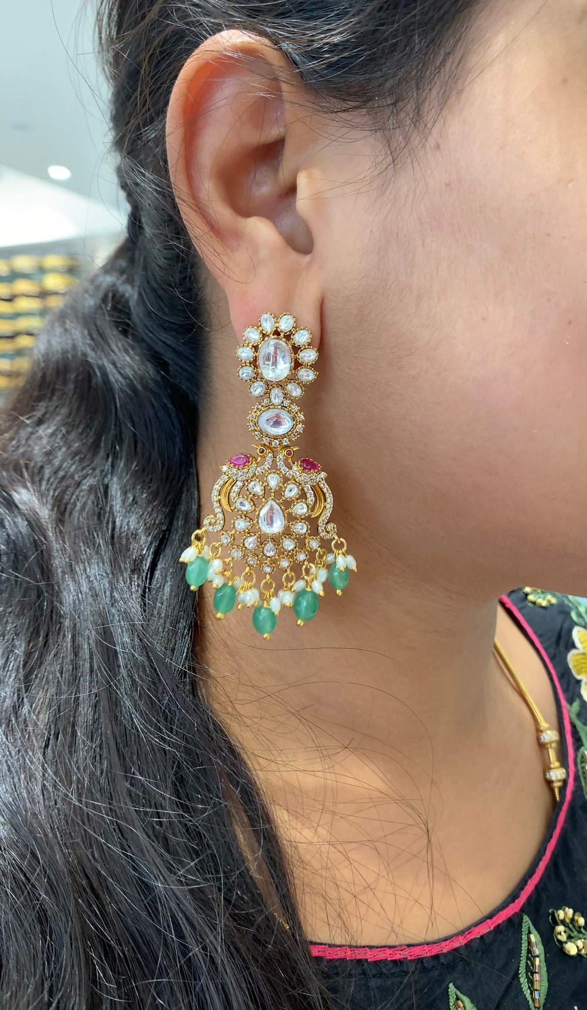 Beautiful uncut stones peacock design ear hangings with pushback
