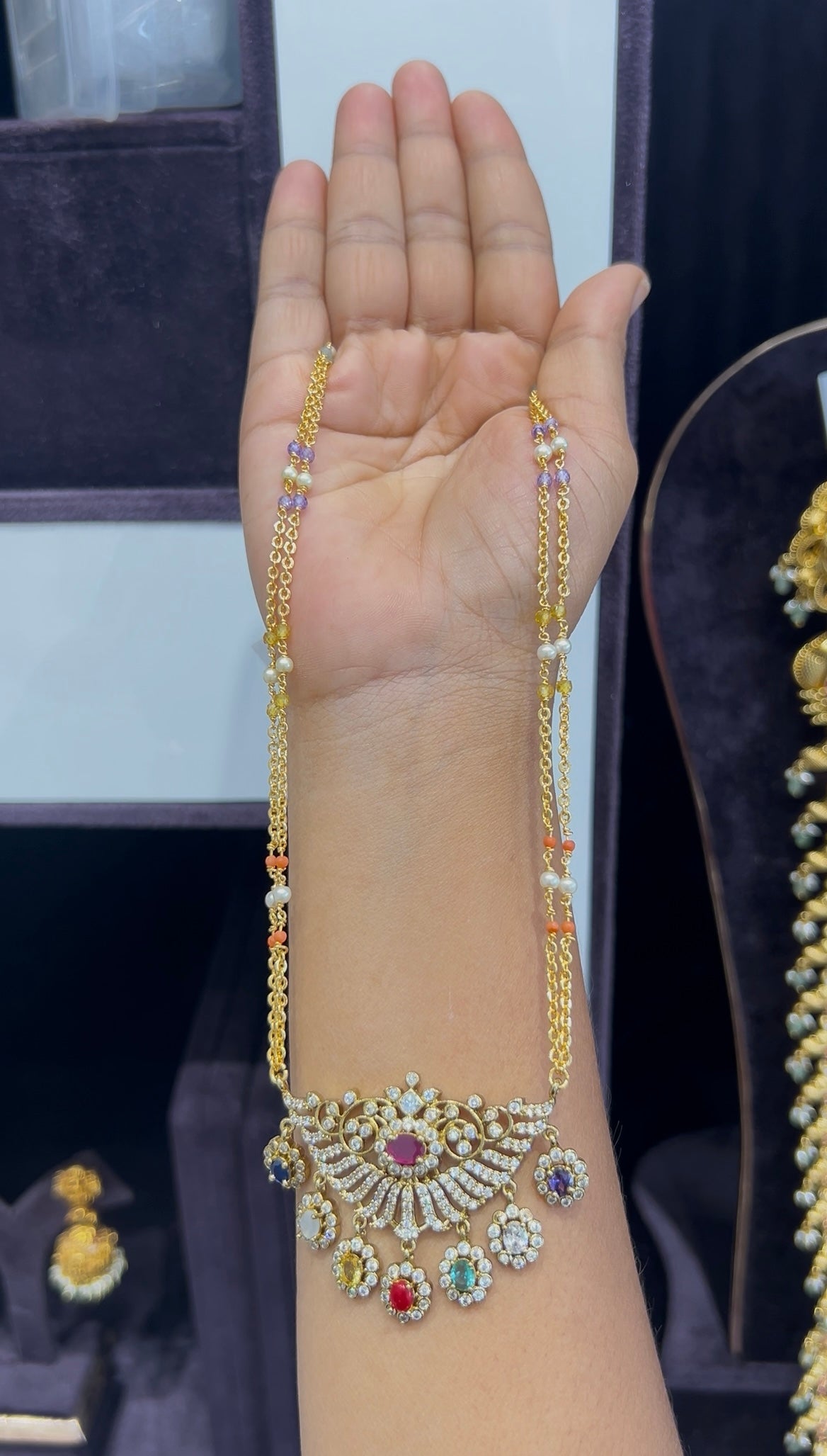 Beautiful Navarathna stones locket with chandraharam chain 18 inchs long