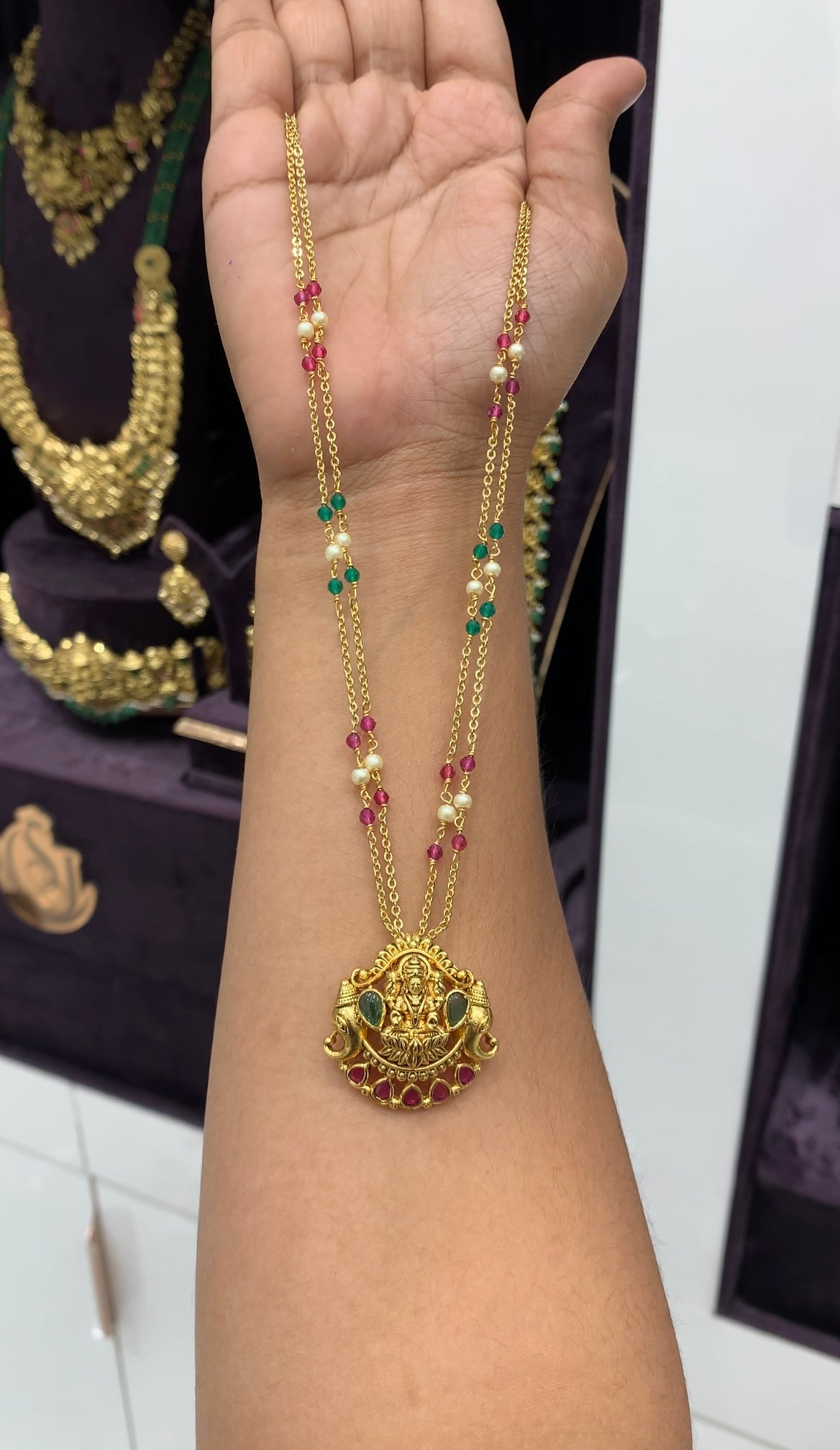 Beautiful Lakshmi devi locket with handmaking pearls & chandraharam chain 18 inchs long