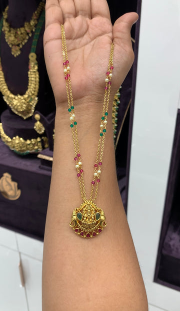 Beautiful Lakshmi devi locket with handmaking pearls & chandraharam chain 18 inchs long