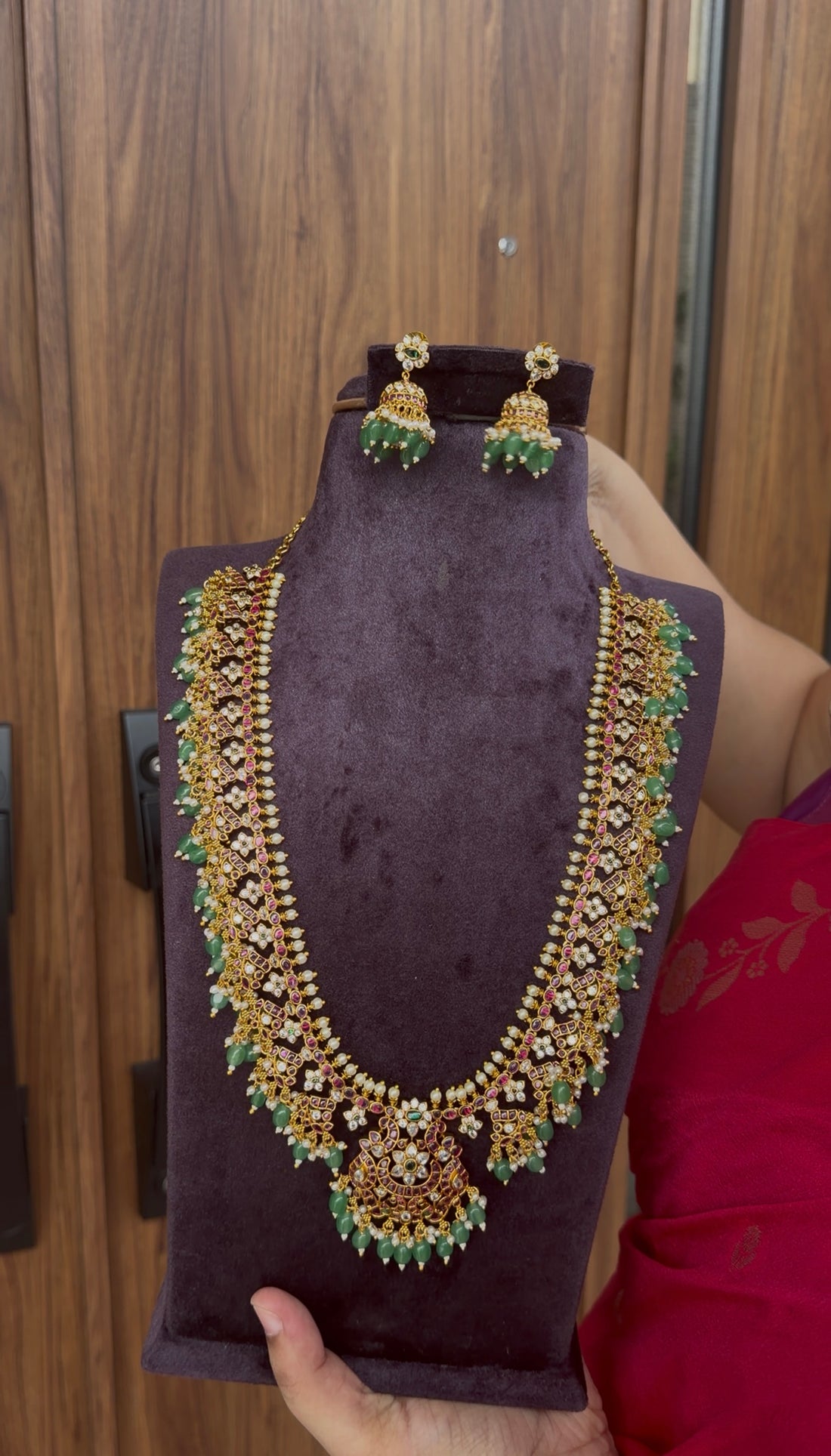 Beautiful pota stone & beads finishing long haram with pushback jumkis