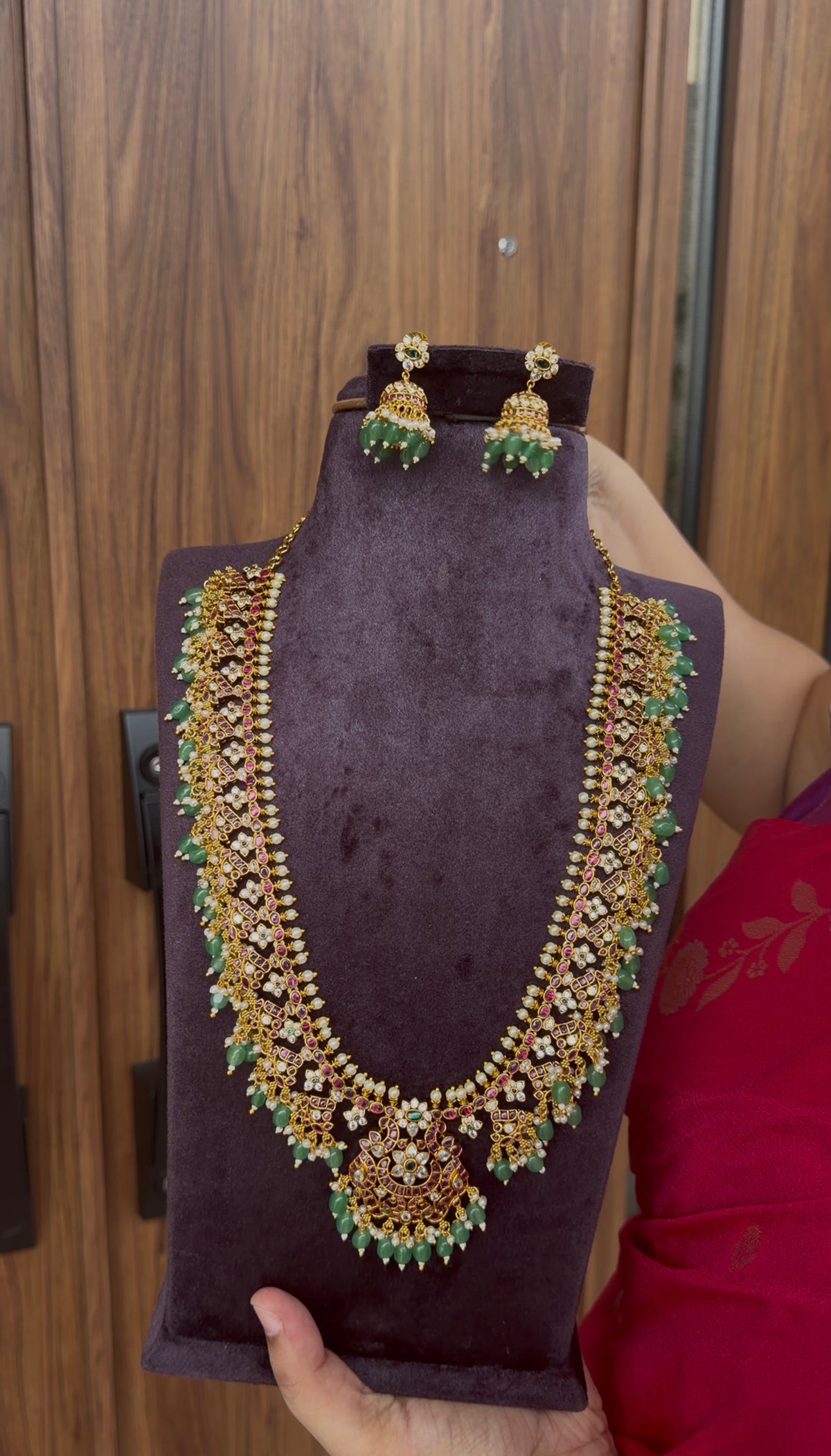 Beautiful pota stone & beads finishing long haram with pushback jumkis