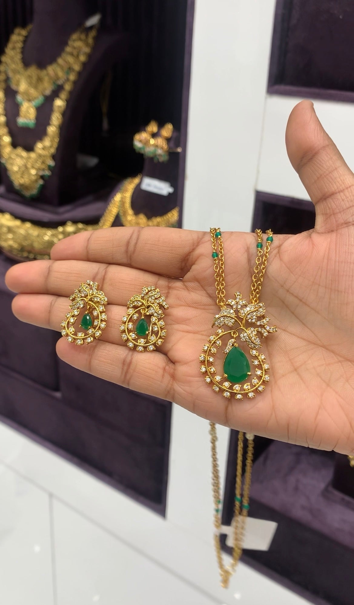 Beautiful green colour pendant set with chandraharam chain 18 inchs long