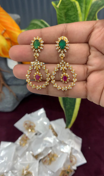 Beautiful CZ stones Chandbali model ear hangings with pushback