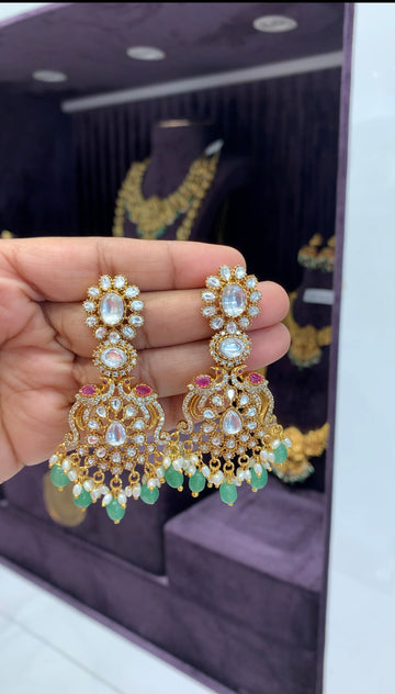 Beautiful uncut stones peacock design ear hangings with pushback
