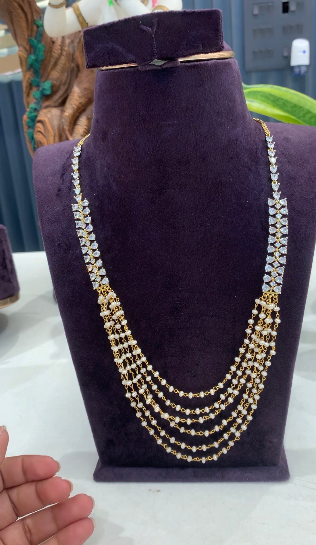Beautiful CZ stones side lockets with pearls mala