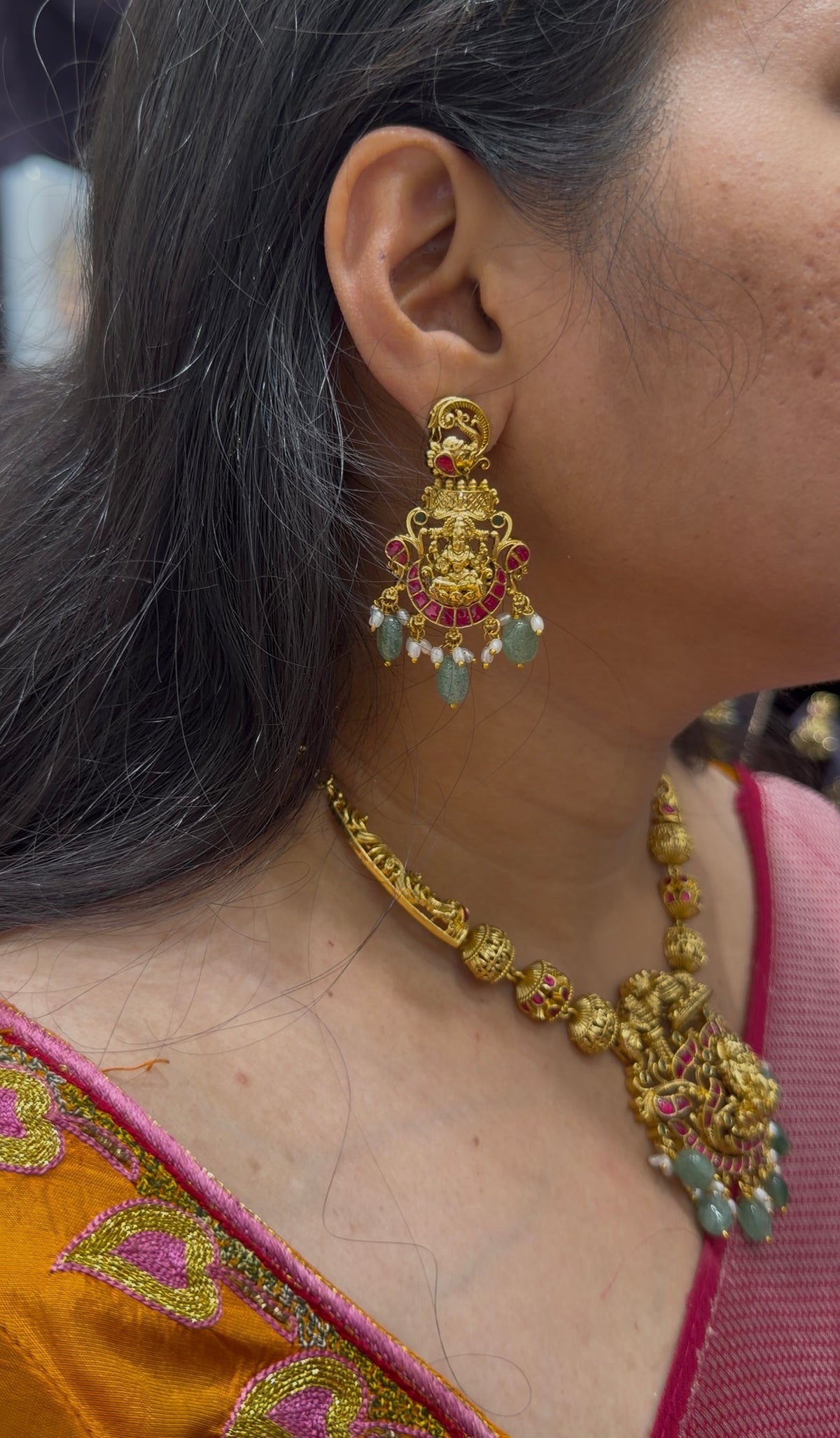 Beautiful jadau stone Lakshmi devi necklace with pushback ear hangings