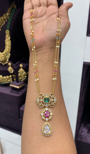 Beautiful multi color stone pendant with handmaking chandraharam & beads chain 18 inchs long
