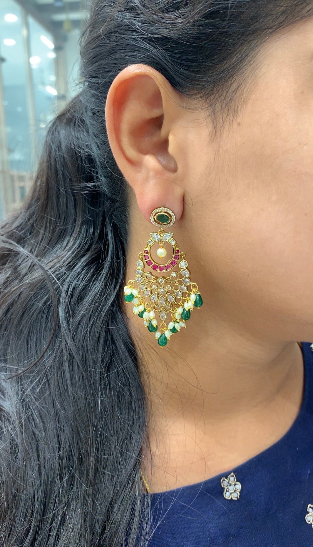 Chandhbali earrings with green beads