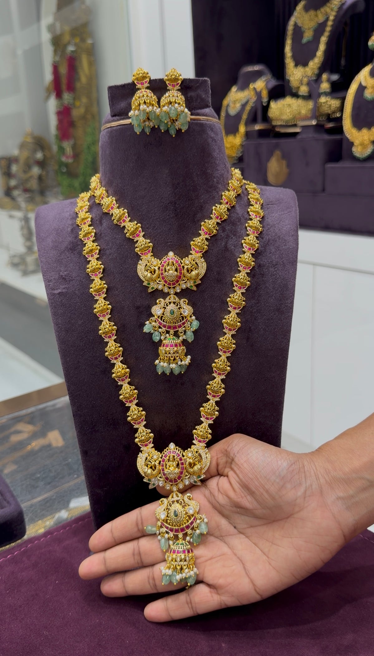 Beautiful jadau kundhan & Lakshmi devi model necklace & haram combo with pushback earrings