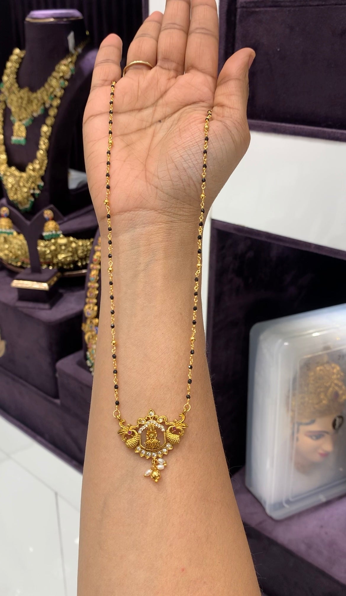 Beautiful Lakshmi devi pendant with black crystal beads mala 18 inchs long