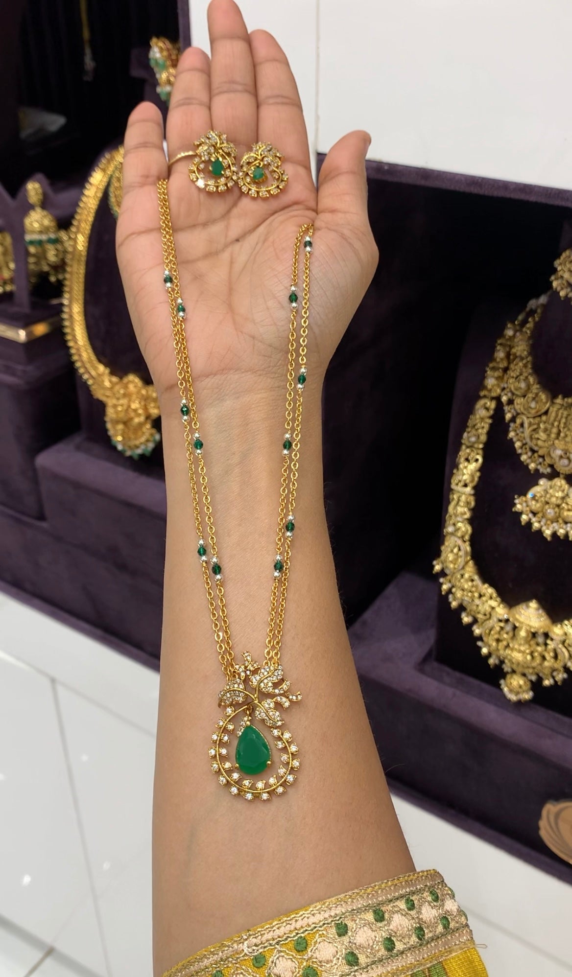 Beautiful green color pendent set with handmaking beads & chandraharam chain 18 inchs long