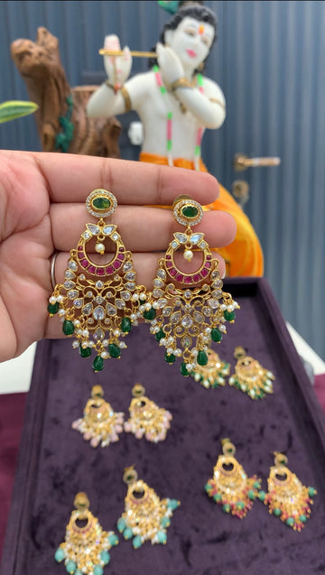 Beautiful pota stone chandbali pushback ear hangings with green beads finishing