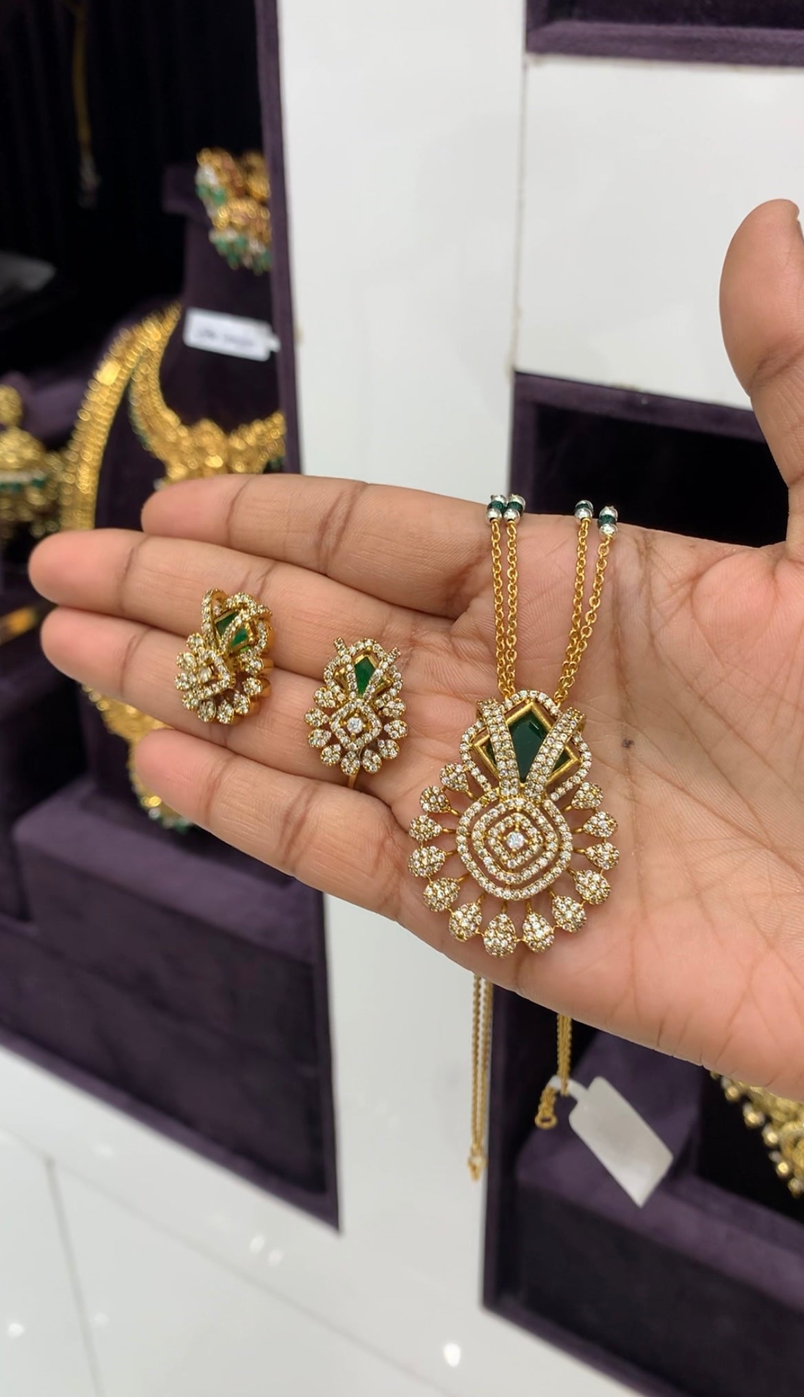 Beautiful green stone pendant set with handmaking chandraharam chain 18 inchs long