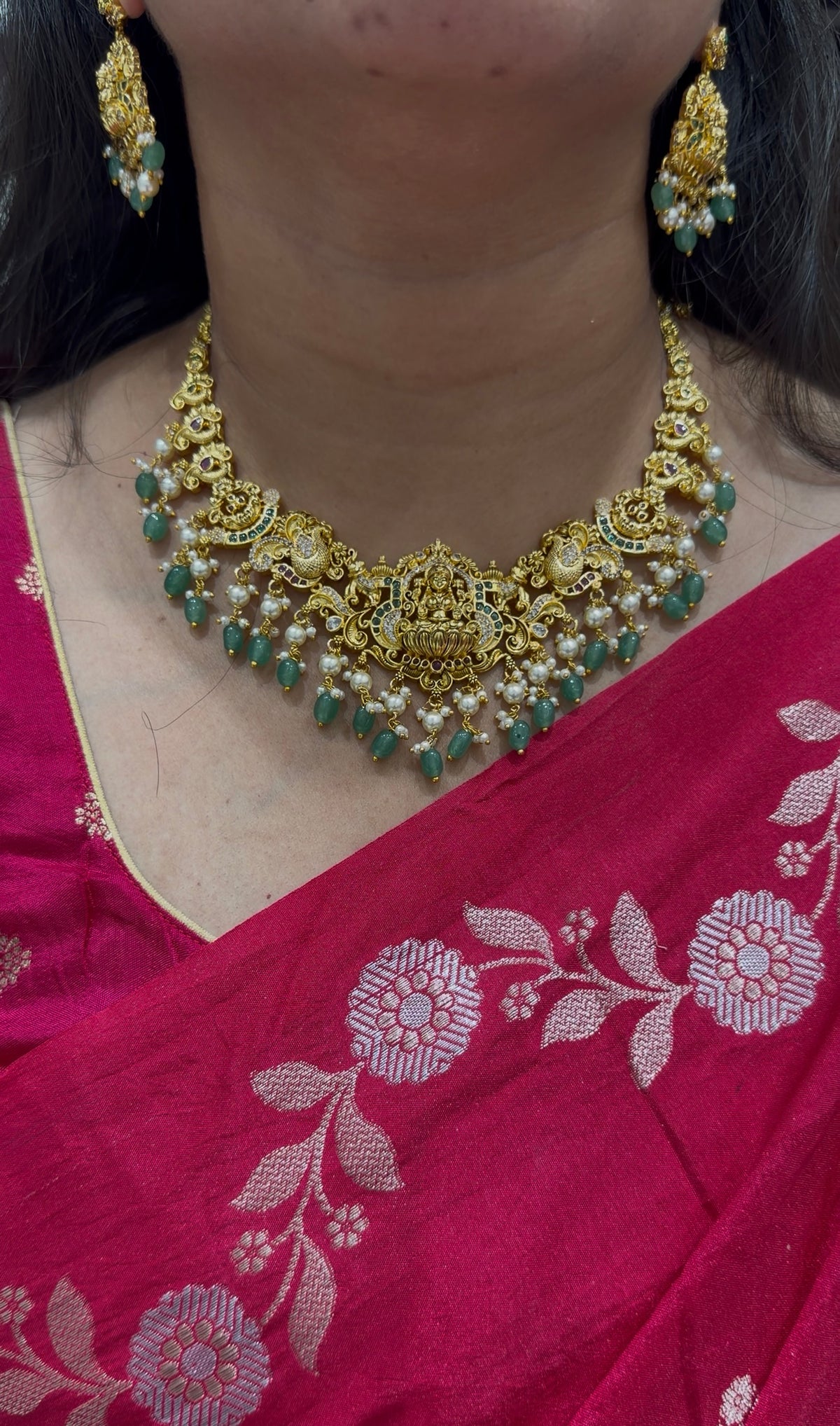 Beautiful Lakshmi devi & peacock design necklace with pushback earrings