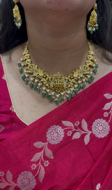 Beautiful Lakshmi devi & peacock design necklace with pushback earrings