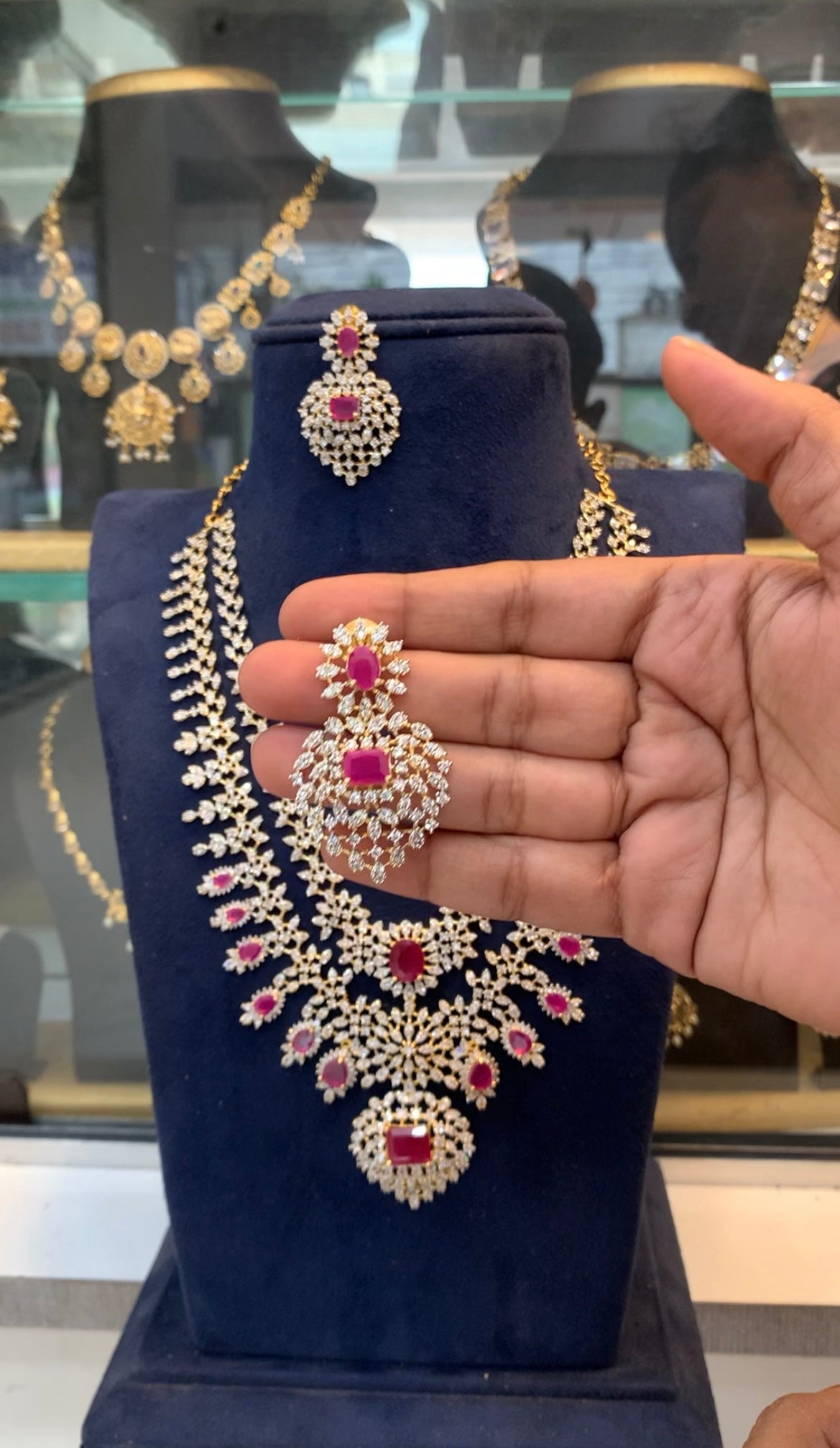Beautiful pink & ruby 2 layers GJ polish haram with pushback earrings