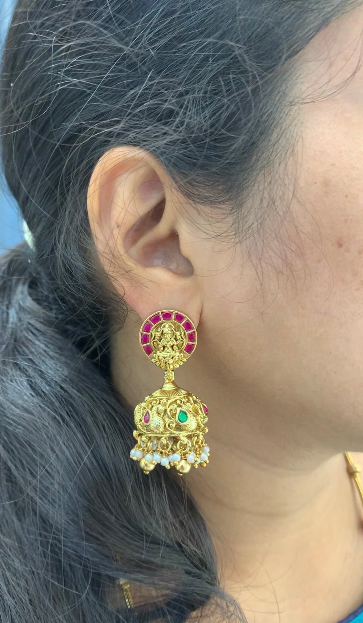 Beautiful jadau stone Lakshmi devi jumkis with pushback