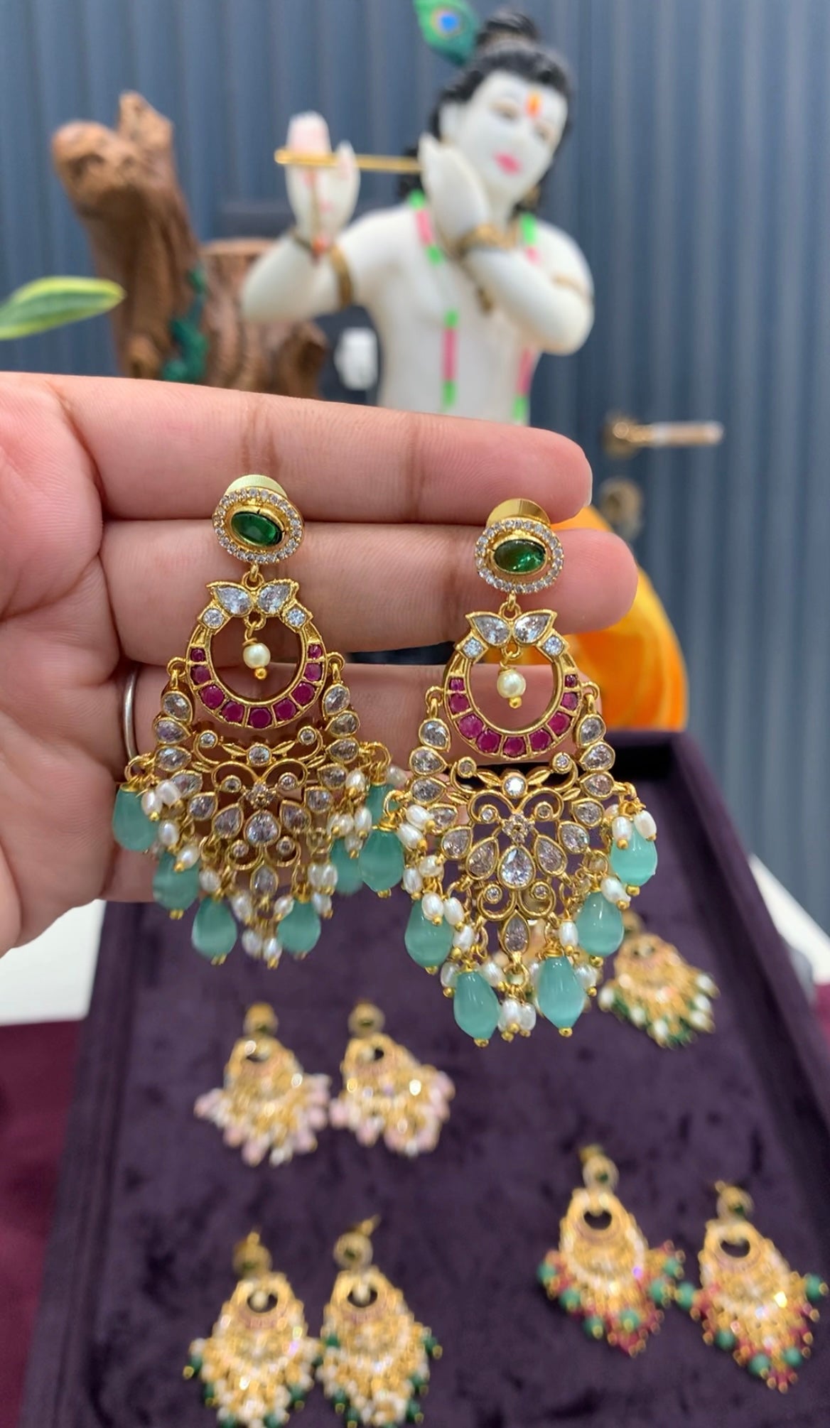 Beautiful pota stone chandbali pushback ear hangings with green beads finishing