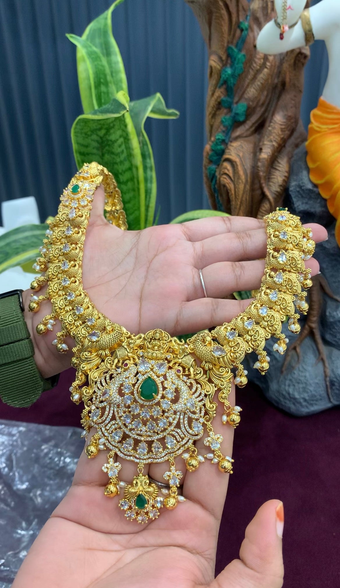 Beautiful CZ stones Lakshmi devi & peacock design long haram with pushback jumkis