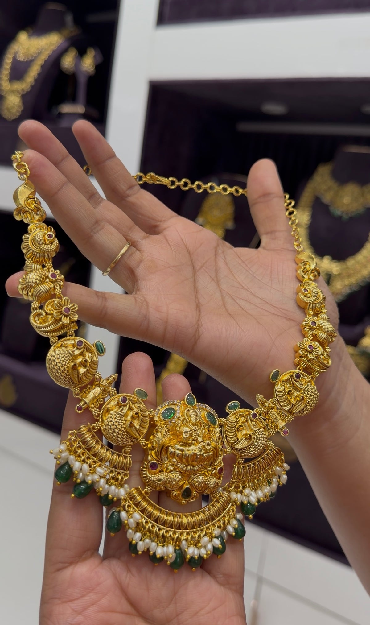 Beautiful Lakshmi devi & peacock design necklace with pushback earrings