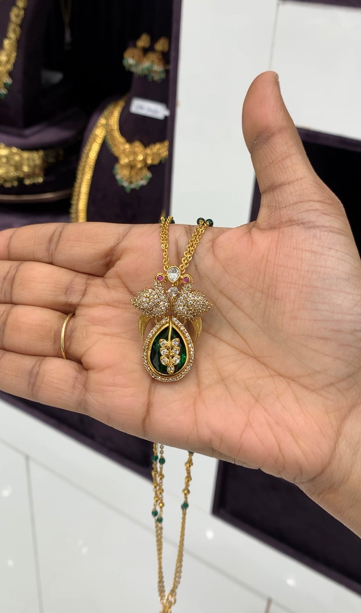 Beautiful green colour pendant with handmaking chandraharam chain 18 inchs long