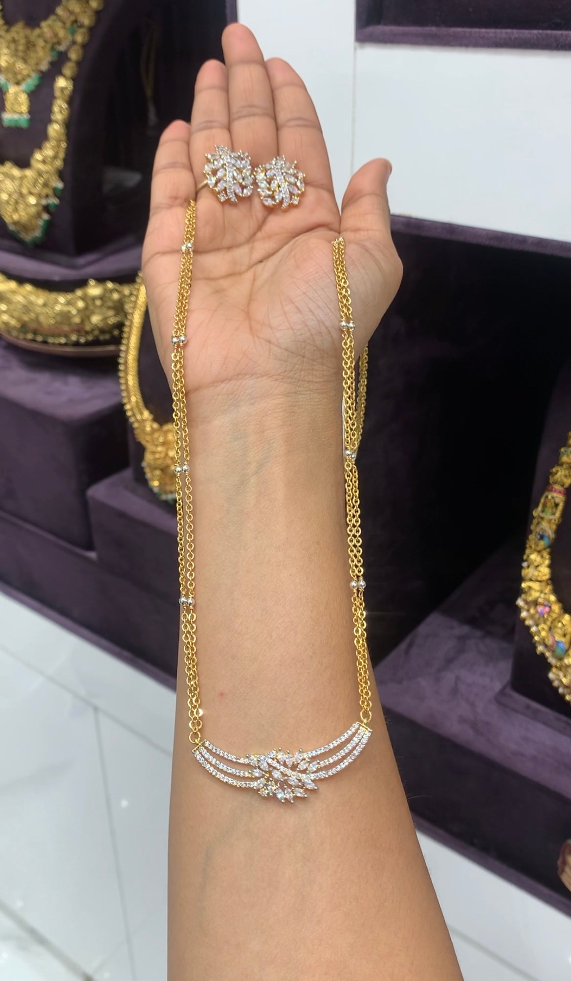 Beautiful white stone pendant set with handmaking chandraharam chain 18 inchs long