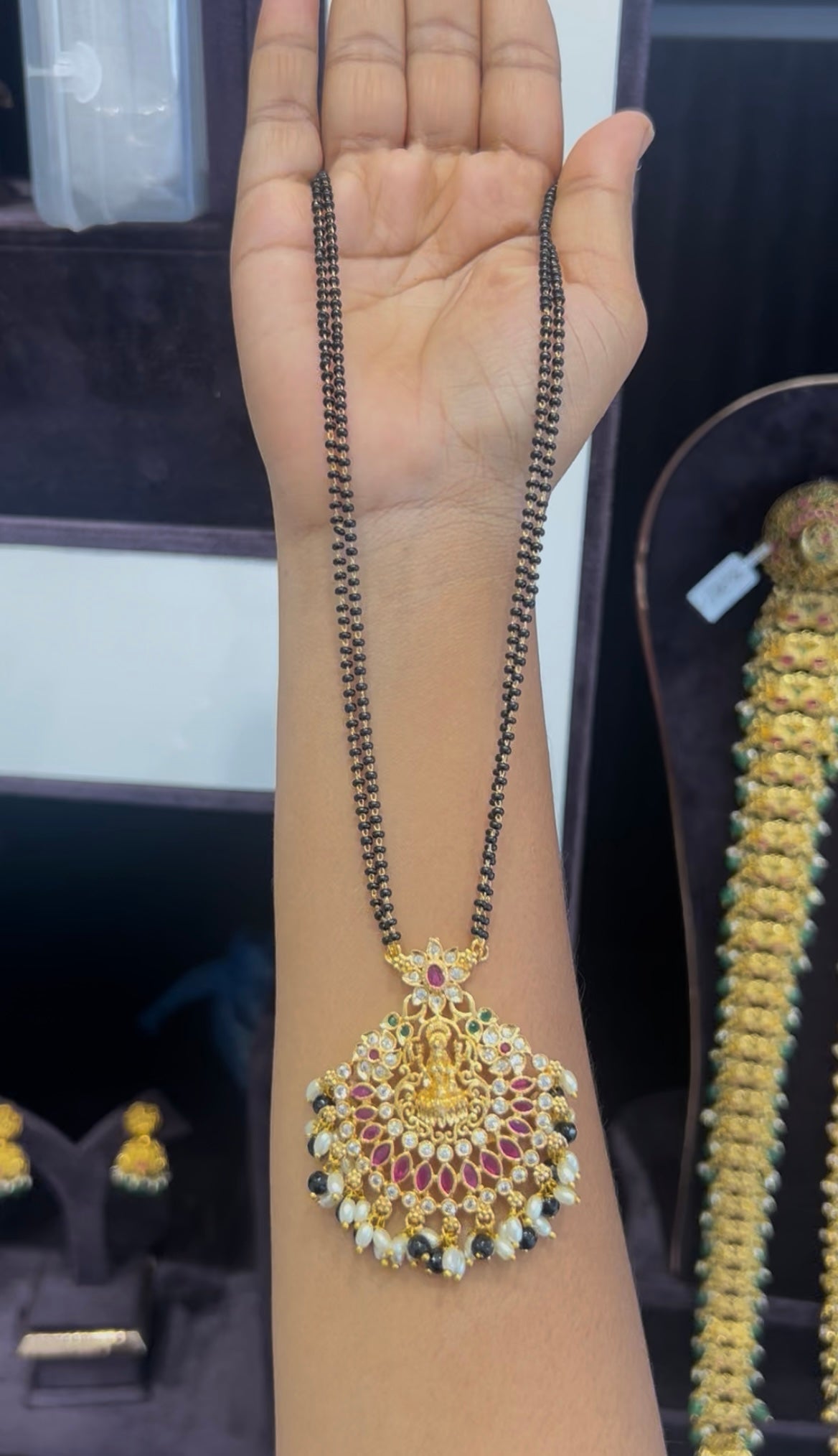 Beautiful Lakshmi devi locket with blackbeads chain 18 inchs long