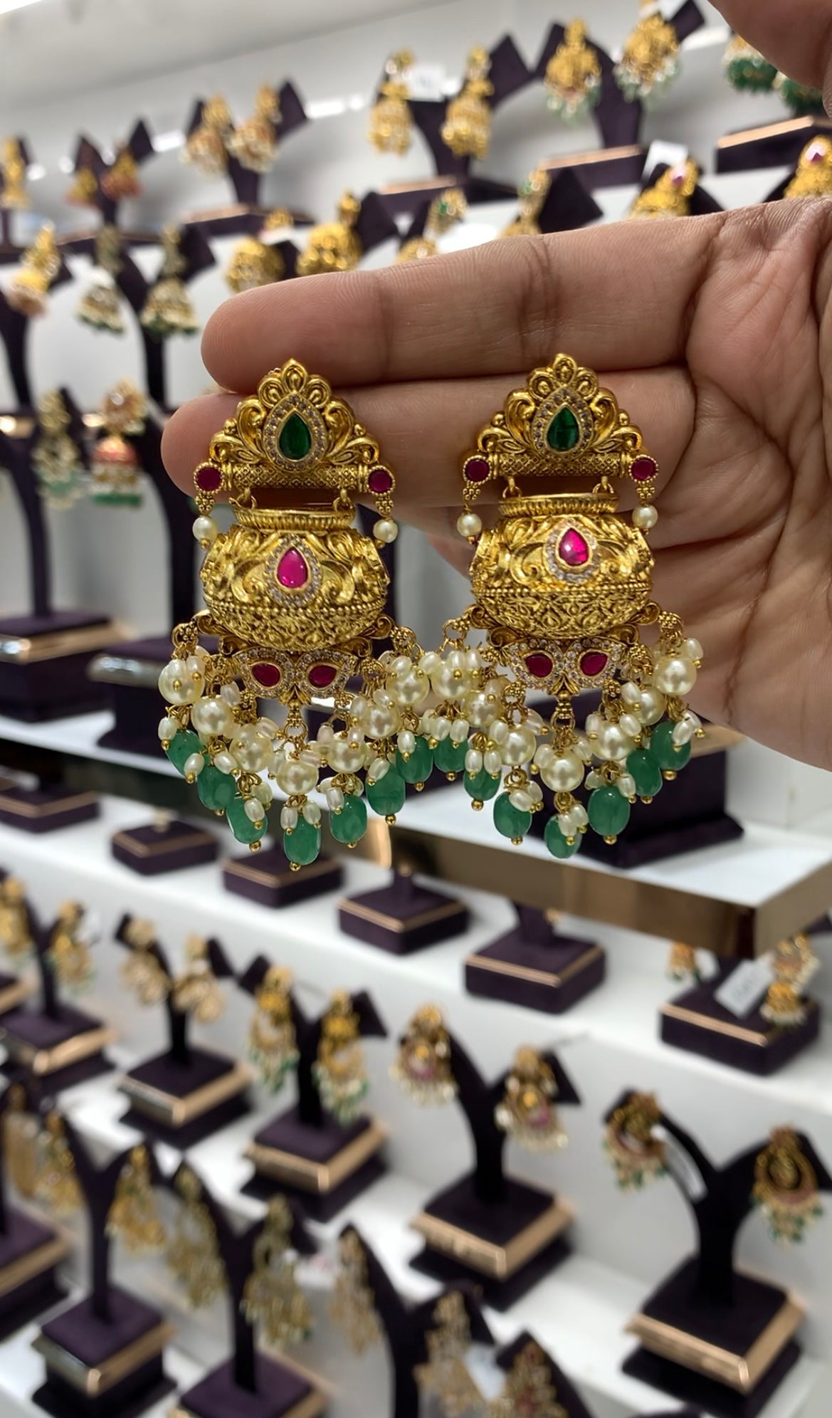 Beautiful jadau stone kalasham model jumkis with pushback