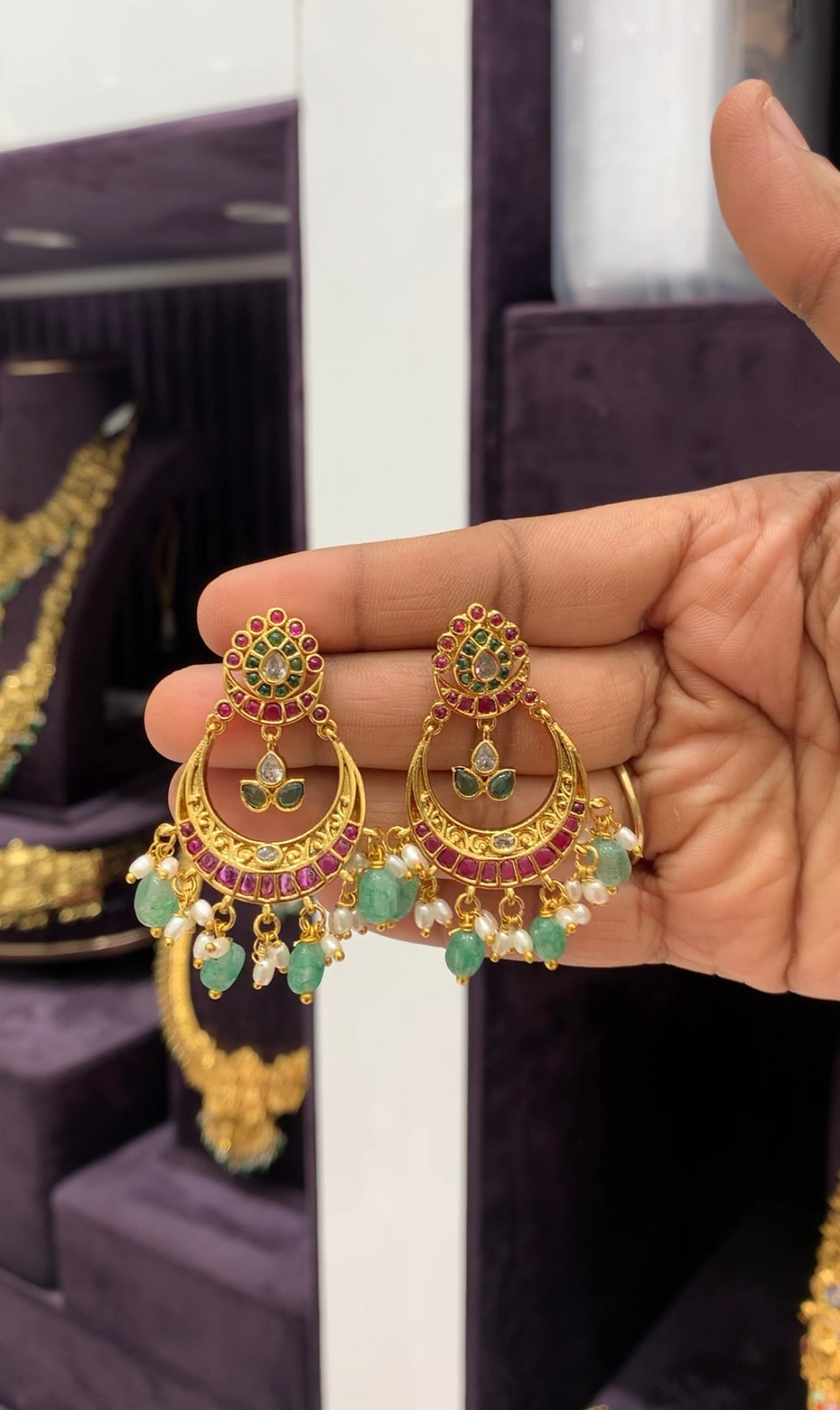 Beautiful pota stone Chandbali earrings with pushback