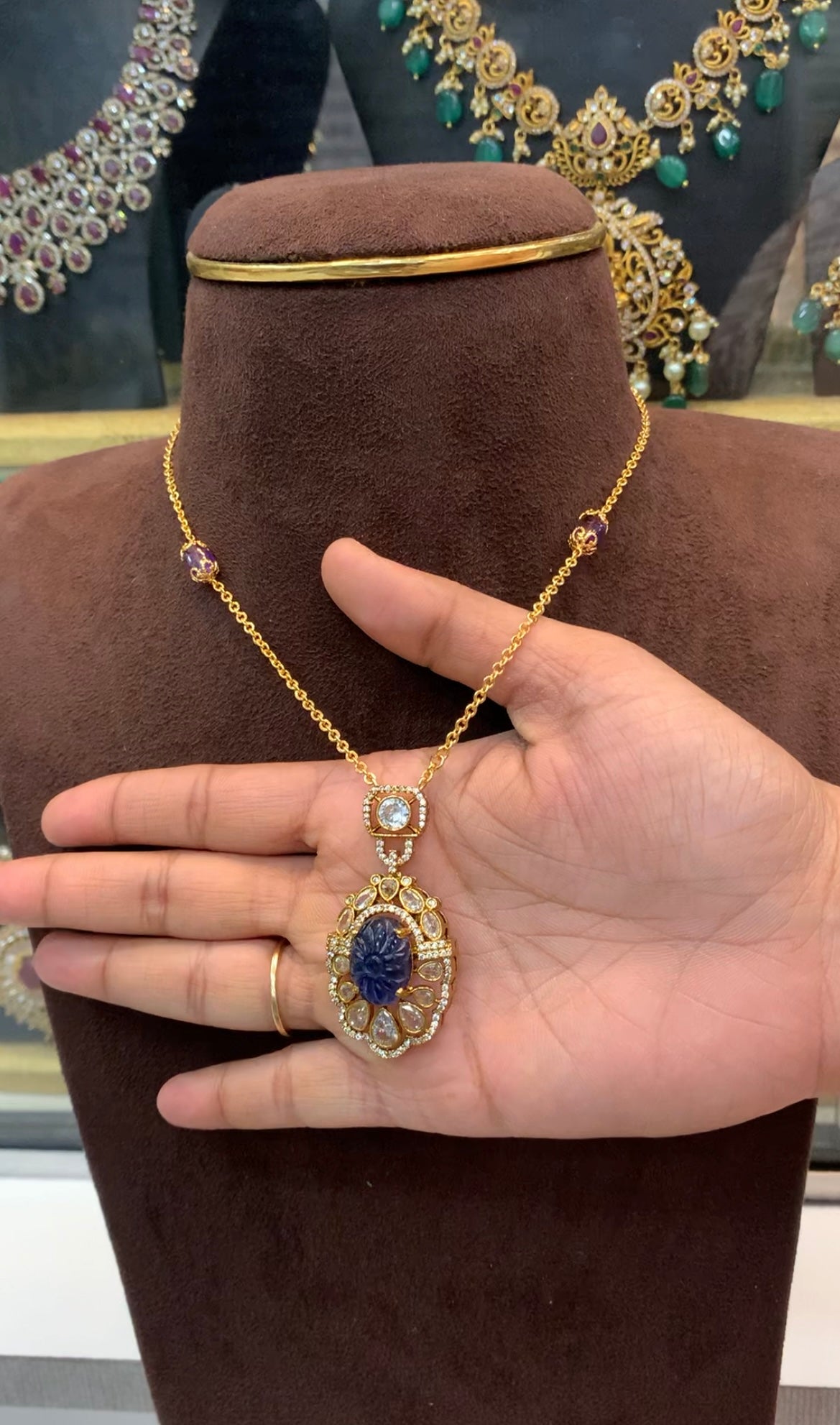 Beautiful simple carving stone locket with chandraharam chain 18 inchs long