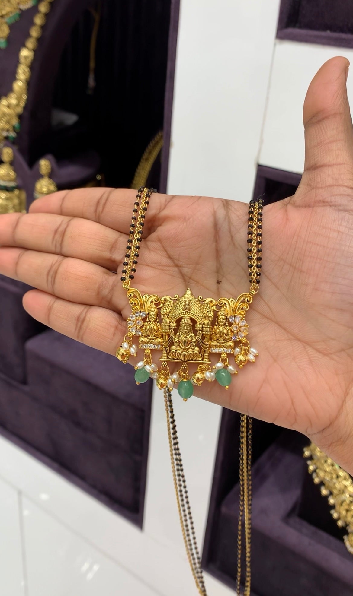 Beautiful Lakshmi devi pendent blackbeads & chandraharam chain 24 inchs long