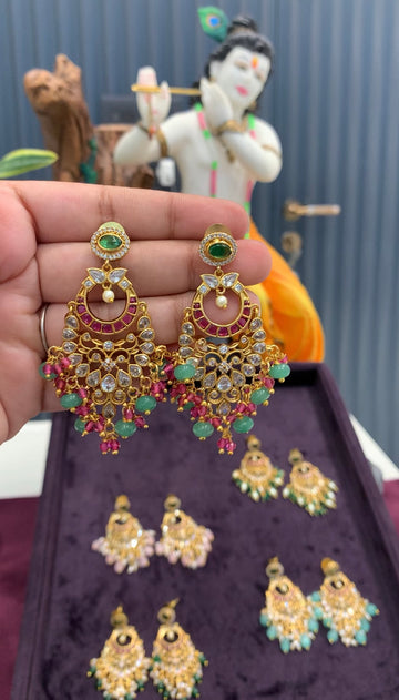 Beautiful pota stone chandbali pushback ear hangings with multi color beads finishing