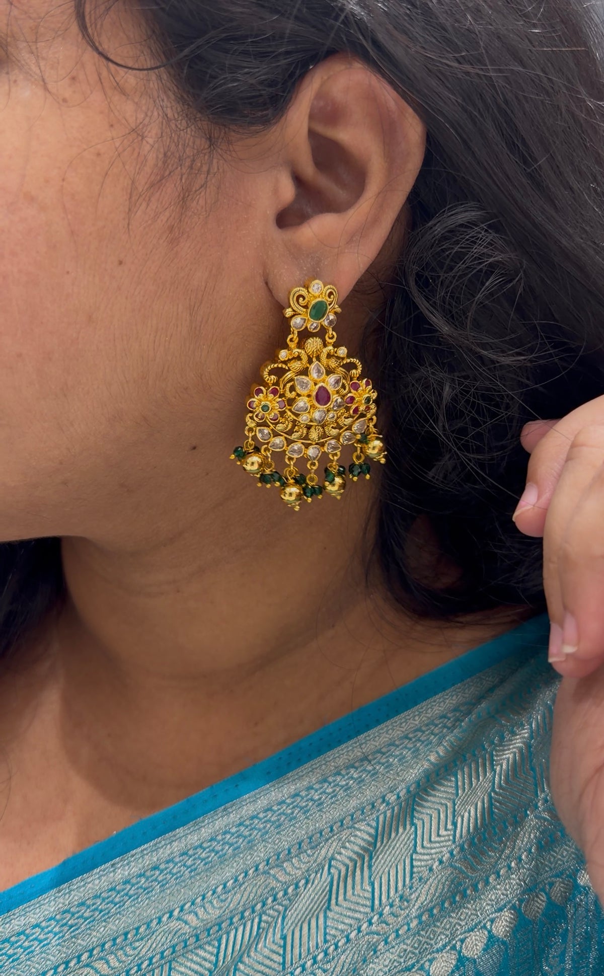 Beautiful multi color uncut stones ear hangings with pushback