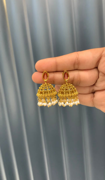 Beautiful ruby stone pushback jumkis with pearls finishing