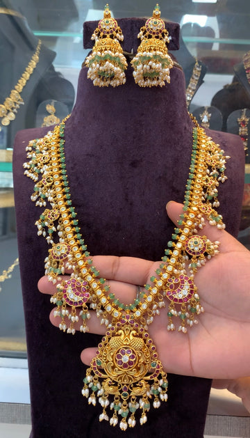 Beautiful pota stone gutti pusala long haram with pushback jumkis