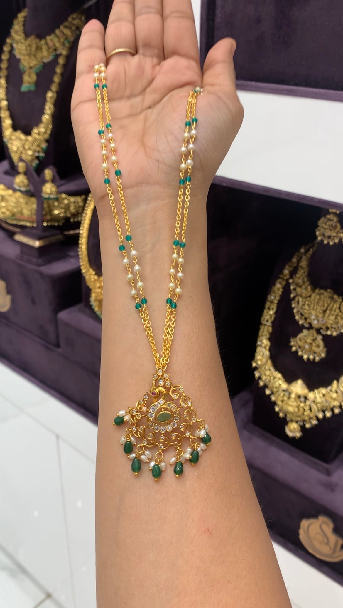 Beautiful peacock design pendant with handmaking beads & chandraharam chain 18 inchs long