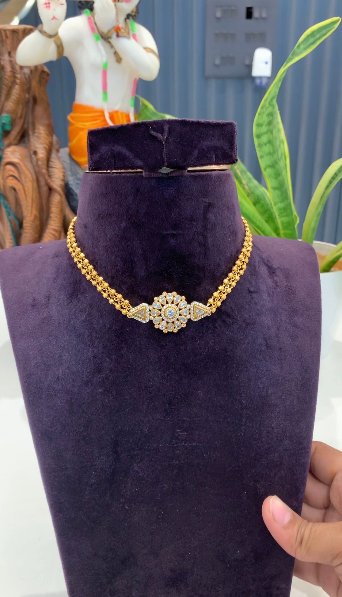 Beautiful white stones locket with gold balls chain neckset
