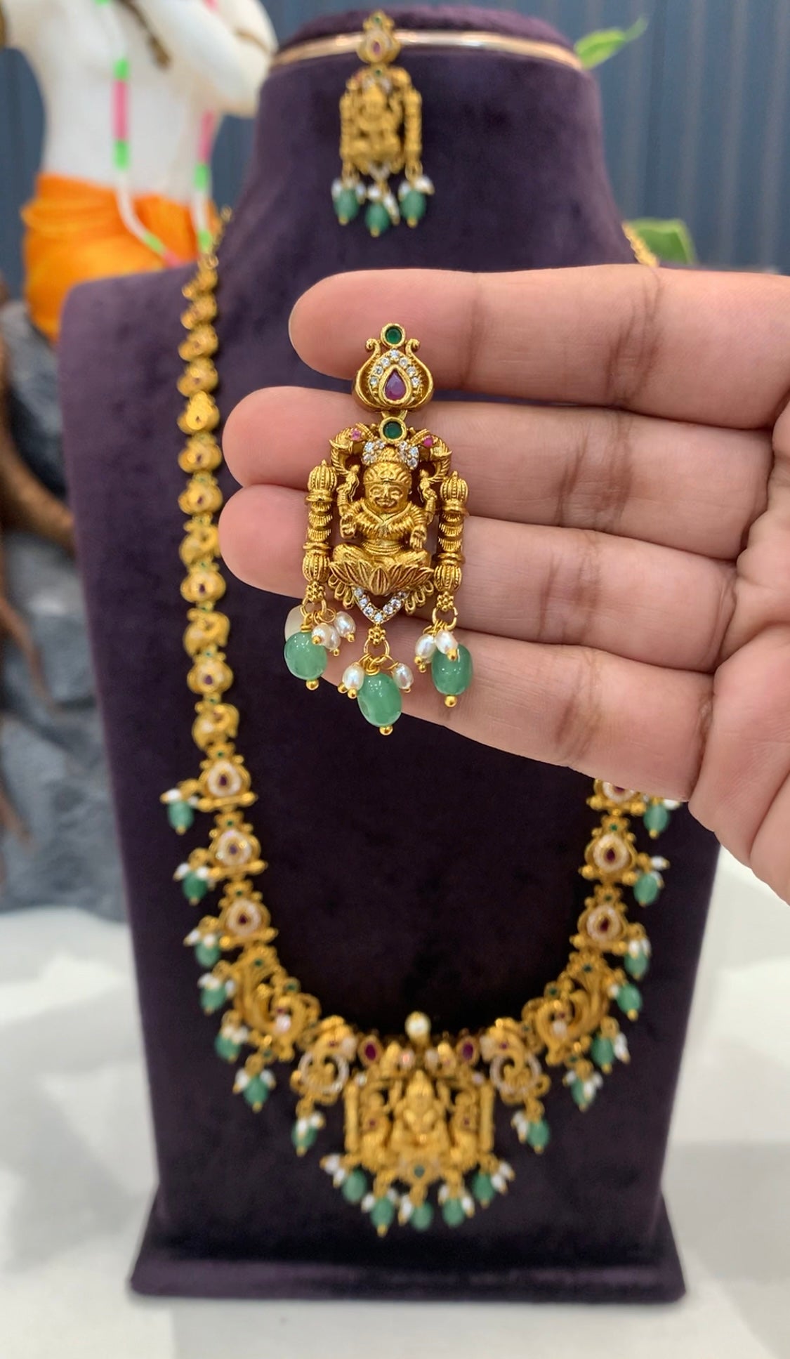Beautiful Lakshmi devi peacock design long haram with screwback earrings